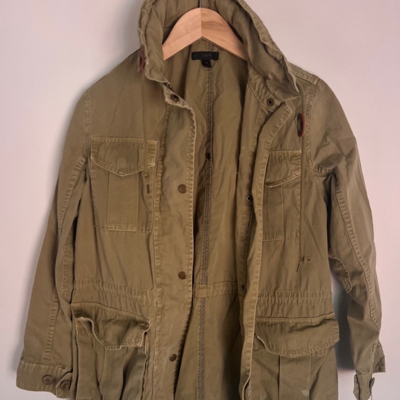 Womens J Crew Olive Green Twill Hooded Utility Cargo Military Jacket Size XS - Picture 1 of 5